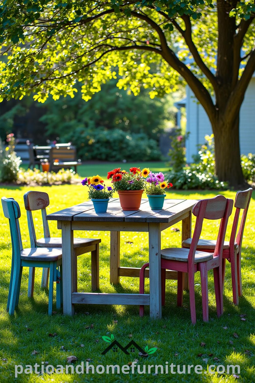 Backyard picnic scene featuring a weathered wooden table surrounded by unique mismatched chairs, colorful wildflower pots, and lush green grass, creating a cozy atmosphere perfect for gatherings, inspiring cozy decor ideas for your home at fireplacesandwoodstoves.com.