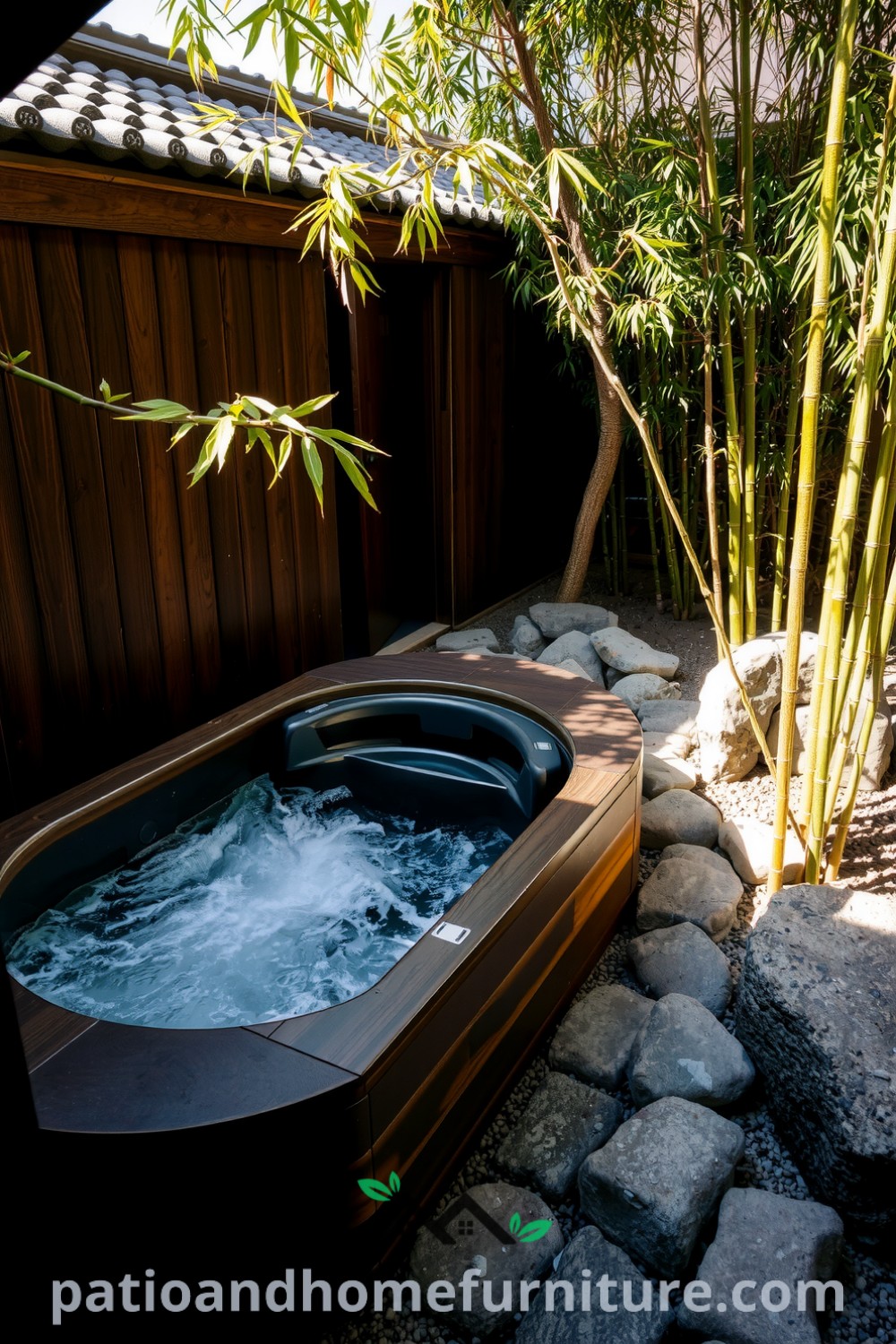 Japanese soaking hot tub made of dark wood in a tranquil garden, surrounded by smooth stones and bamboo plants, creating a serene and inviting outdoor retreat for relaxation and reflection. Visit fireplacesandwoodstoves.com for cozy home ideas and decor inspirations.