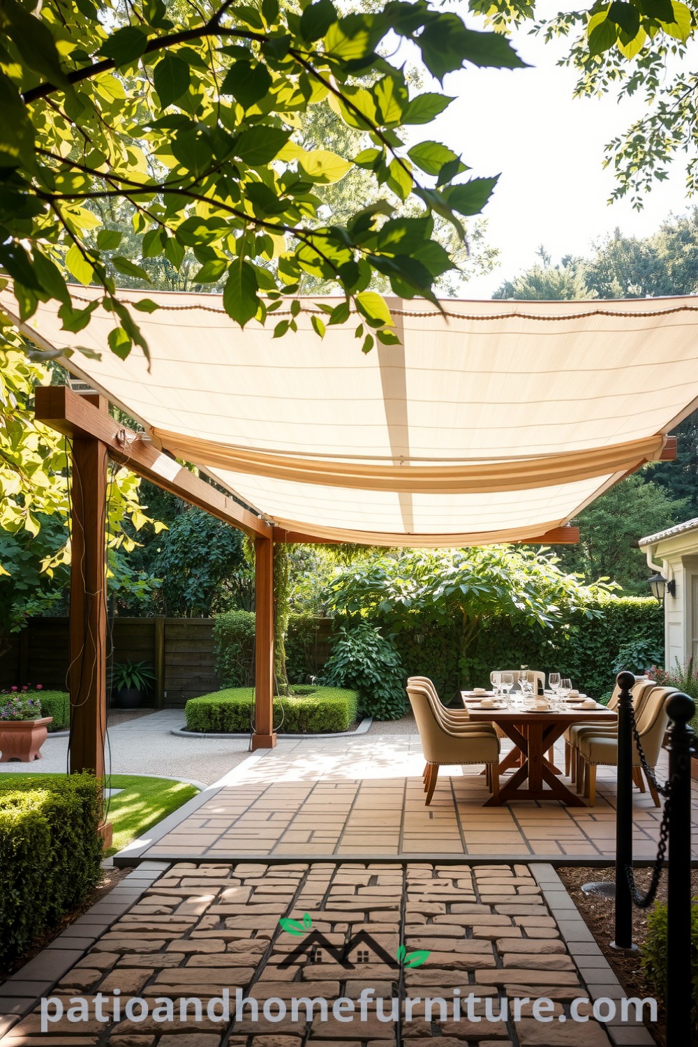 Retractable canopy pergola in a lush garden, entwined with climbing vines, featuring a rustic dining table set for an outdoor meal, filled with fresh herbs, creating a cozy and inviting atmosphere for dining with friends, unique ideas for your home, fireplacesandwoodstoves.com.