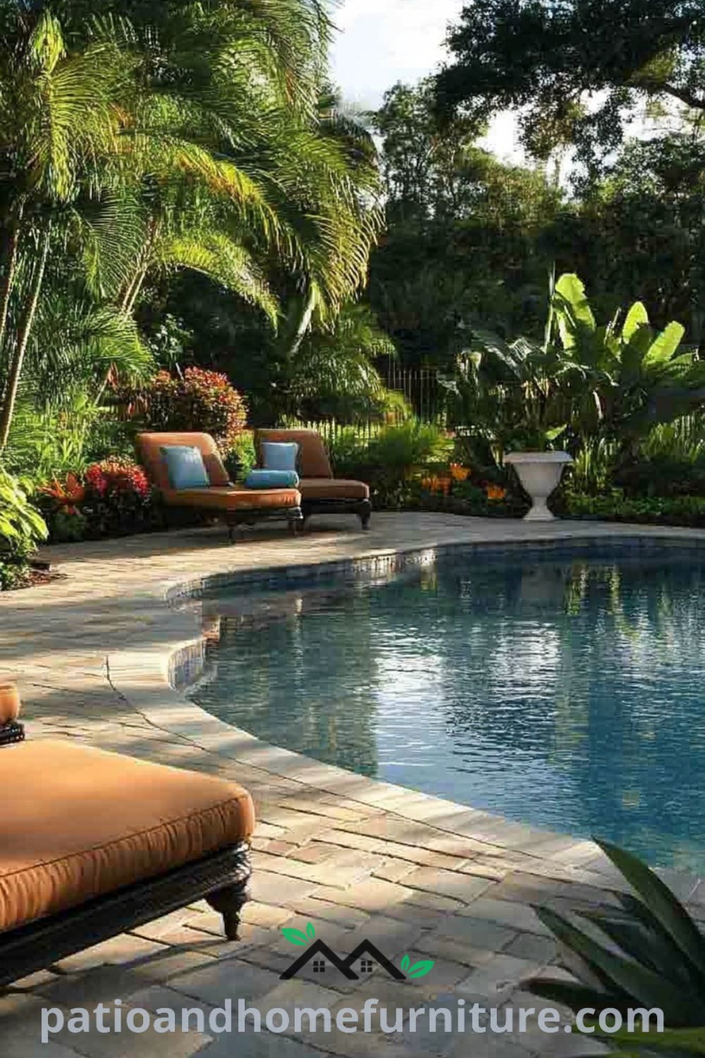 Lush tropical backyard oasis featuring a cozy pool with vibrant landscaping, inviting loungers, and modern pool design from patioandhomefurniture.com, ideal for outdoor ideas with pool and relaxation.