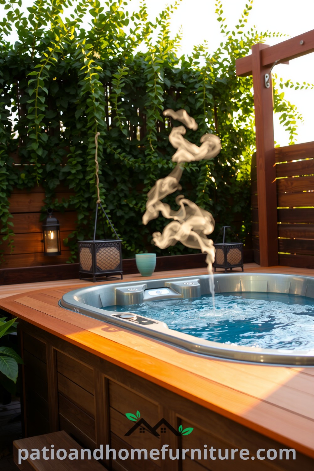 Cozy outdoor hot tub on a wooden terrace surrounded by greenery, with steam rising and rustic lanterns, offering inspiring decor ideas for relaxation and outdoor living at fireplacesandwoodstoves.com.