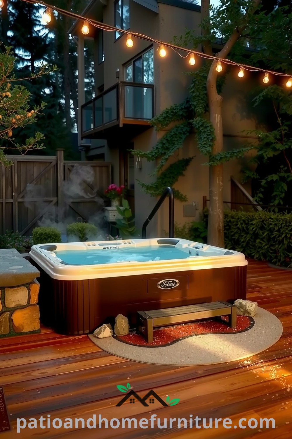 Cozy hot tub in a serene backyard, surrounded by natural stone and wooden decking, with steam rising in the cool evening air and fairy lights creating an inviting atmosphere, perfect for relaxation and decor inspirations for your home, found at fireplacesandwoodstoves.com.