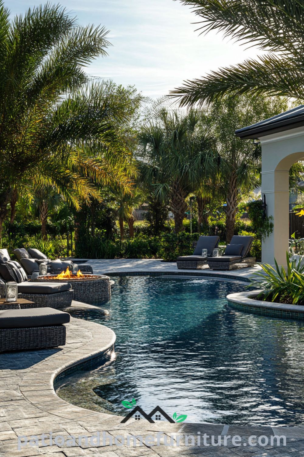Inviting tropical backyard oasis with a glistening inground pool, cozy fire pit, lush landscaping, and comfortable lounge chairs from patioandhomefurniture.com, ideal for outdoor living space and luxury backyards.