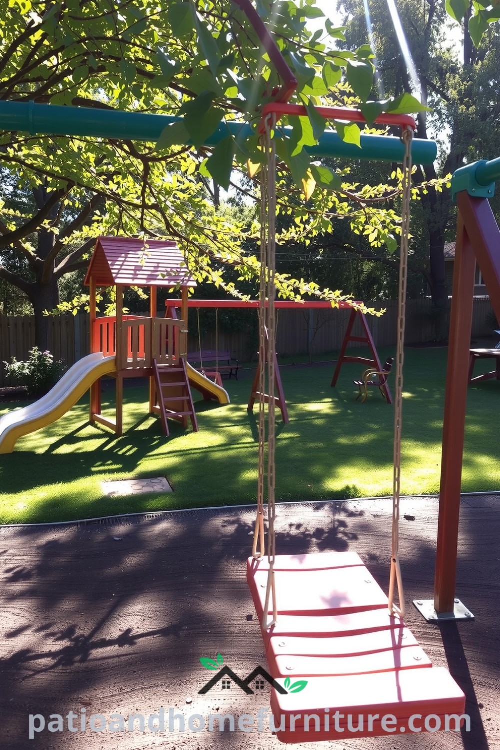 Backyard play center featuring a sturdy wooden frame, colorful slides, and climbing walls surrounded by grassy areas; perfect for family fun and gatherings. Visit fireplacesandwoodstoves.com for cozy ideas and decor inspiration for your home.
