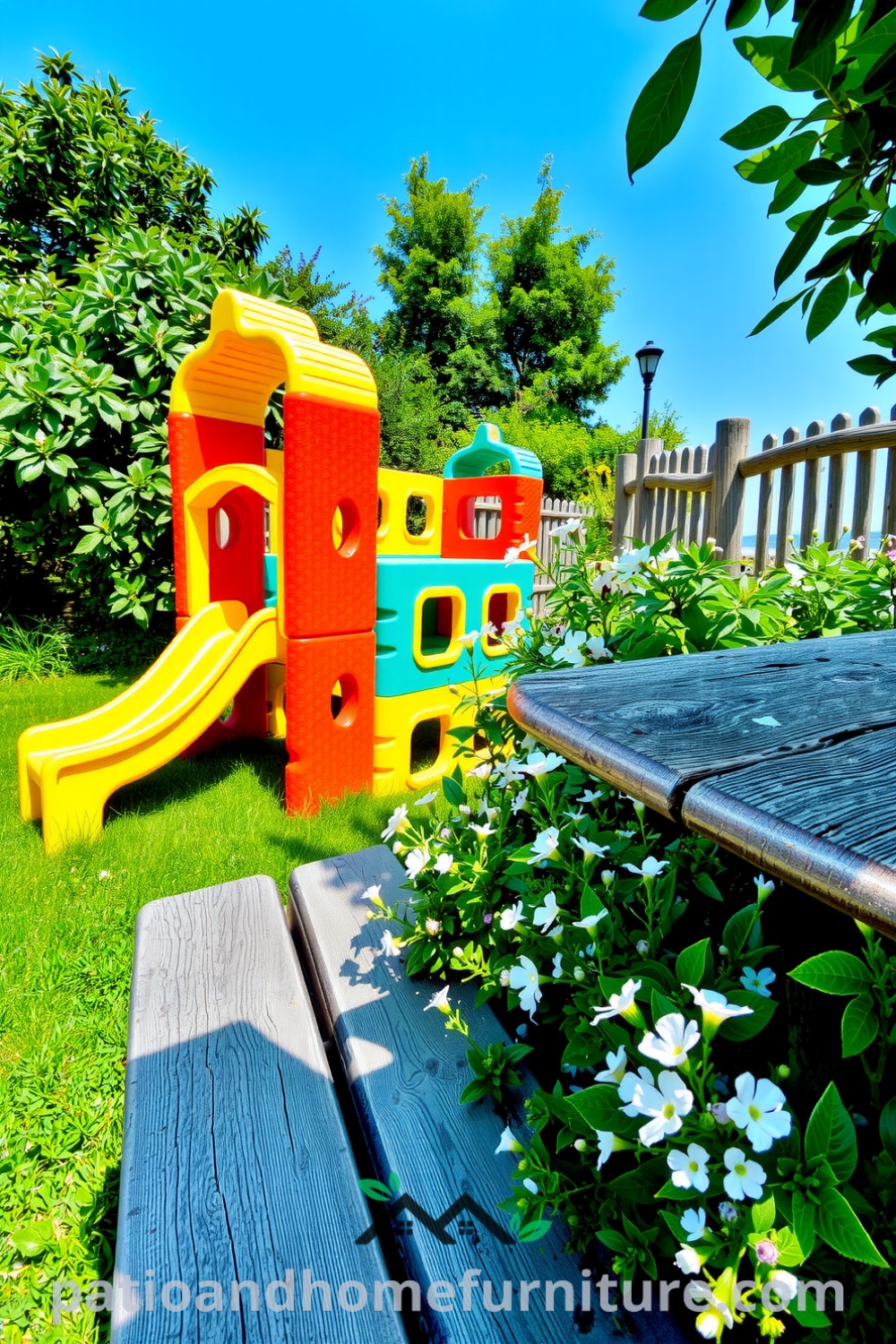 Colorful modular plastic playground in a vibrant garden, surrounded by lush green grass and delicate flowers, with a weathered wooden bench nearby for parents to relax, showcasing inspiring decor ideas for a cozy outdoor space at fireplacesandwoodstoves.com.