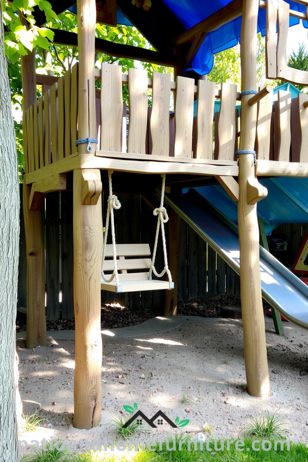 Wooden backyard playground with a swing and slide nestled under trees, surrounded by grass and a cozy atmosphere, perfect for children
