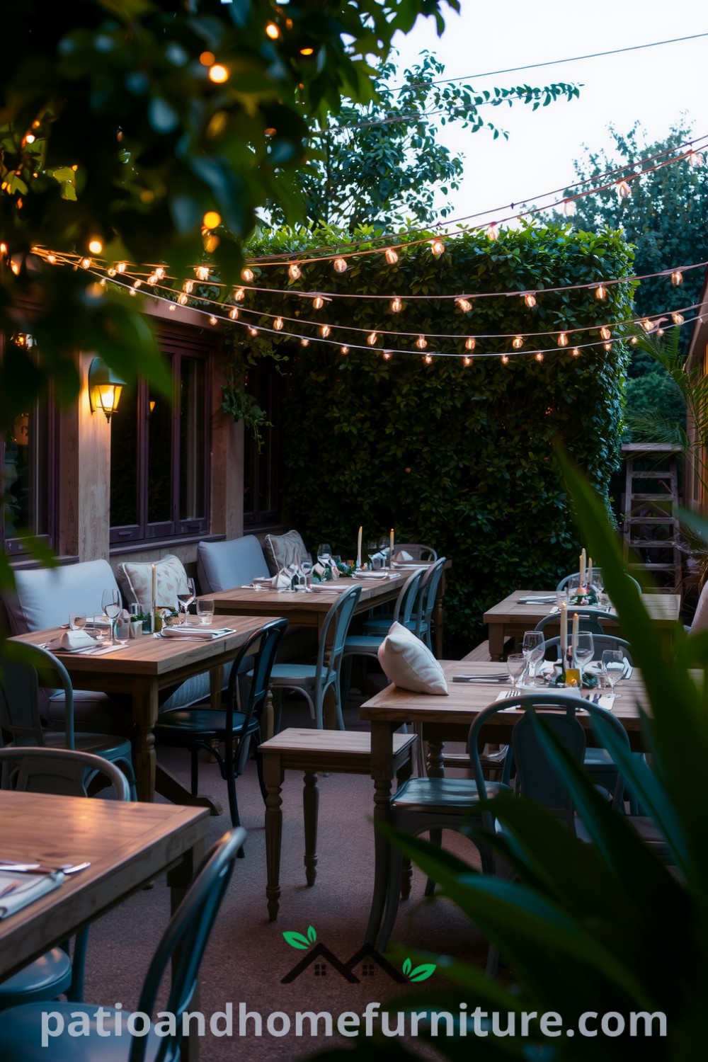 Cozy outdoor dining area with rustic wooden tables, mismatched chairs, and fairy lights, framed by lush greenery, creating an inviting atmosphere for celebrations, featured on fireplacesandwoodstoves.com.