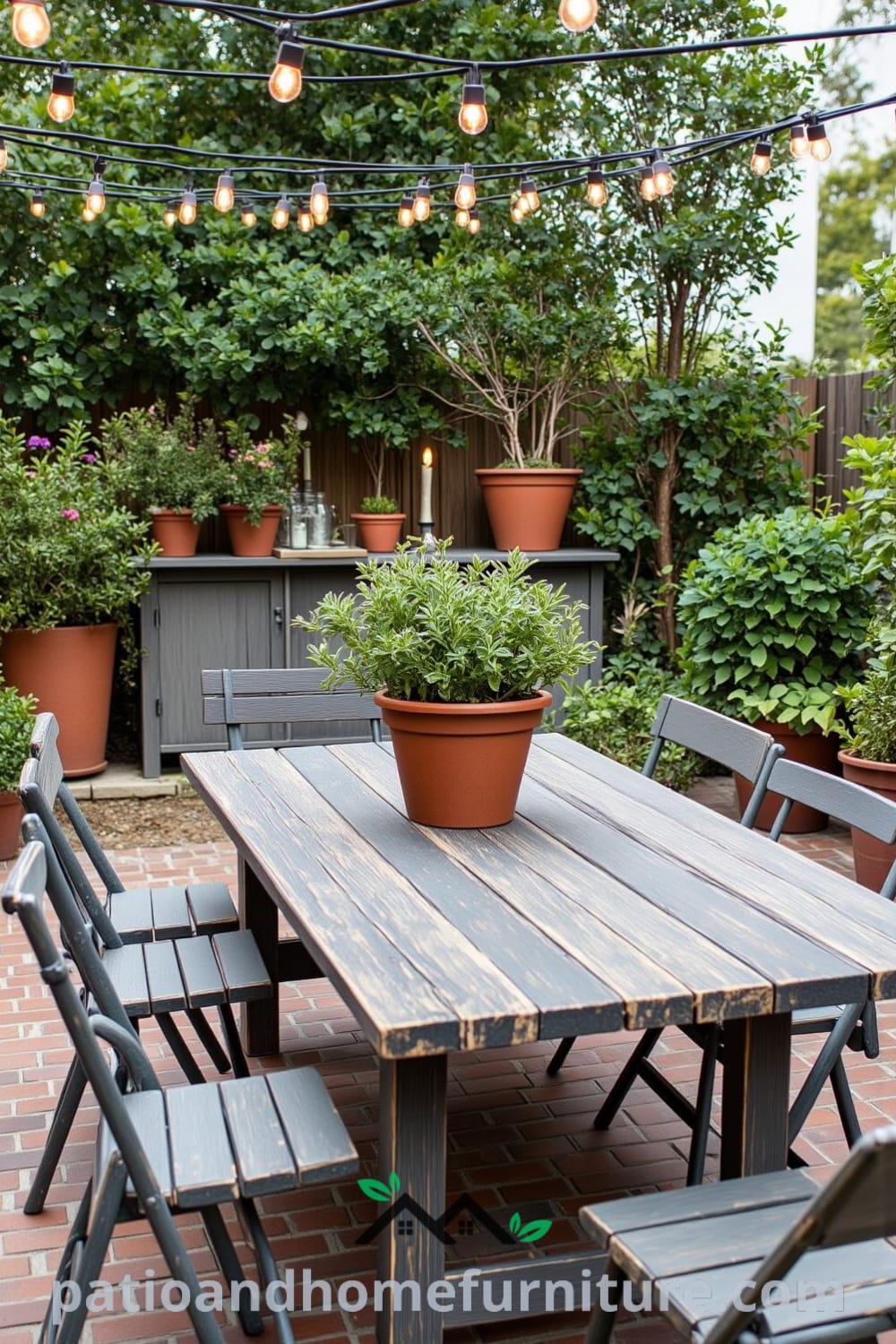 Cozy backyard setup with a handmade wooden picnic table and mismatched chairs, adorned with string lights and potted plants, creating an inviting atmosphere for gatherings, featured on fireplacesandwoodstoves.com with unique ideas for your home.