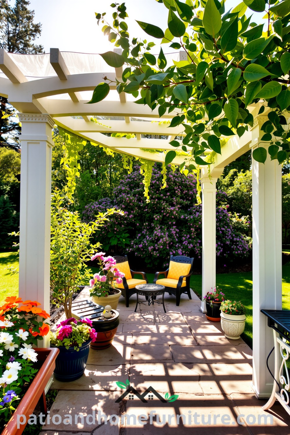 A cozy outdoor space featuring a vinyl pergola draped with vines, sunlight filtering through translucent panels onto a stone patio, surrounded by colorful flower pots, creating an inviting atmosphere for relaxation and conversation. Visit fireplacesandwoodstoves.com for more cozy ideas and decor inspirations.