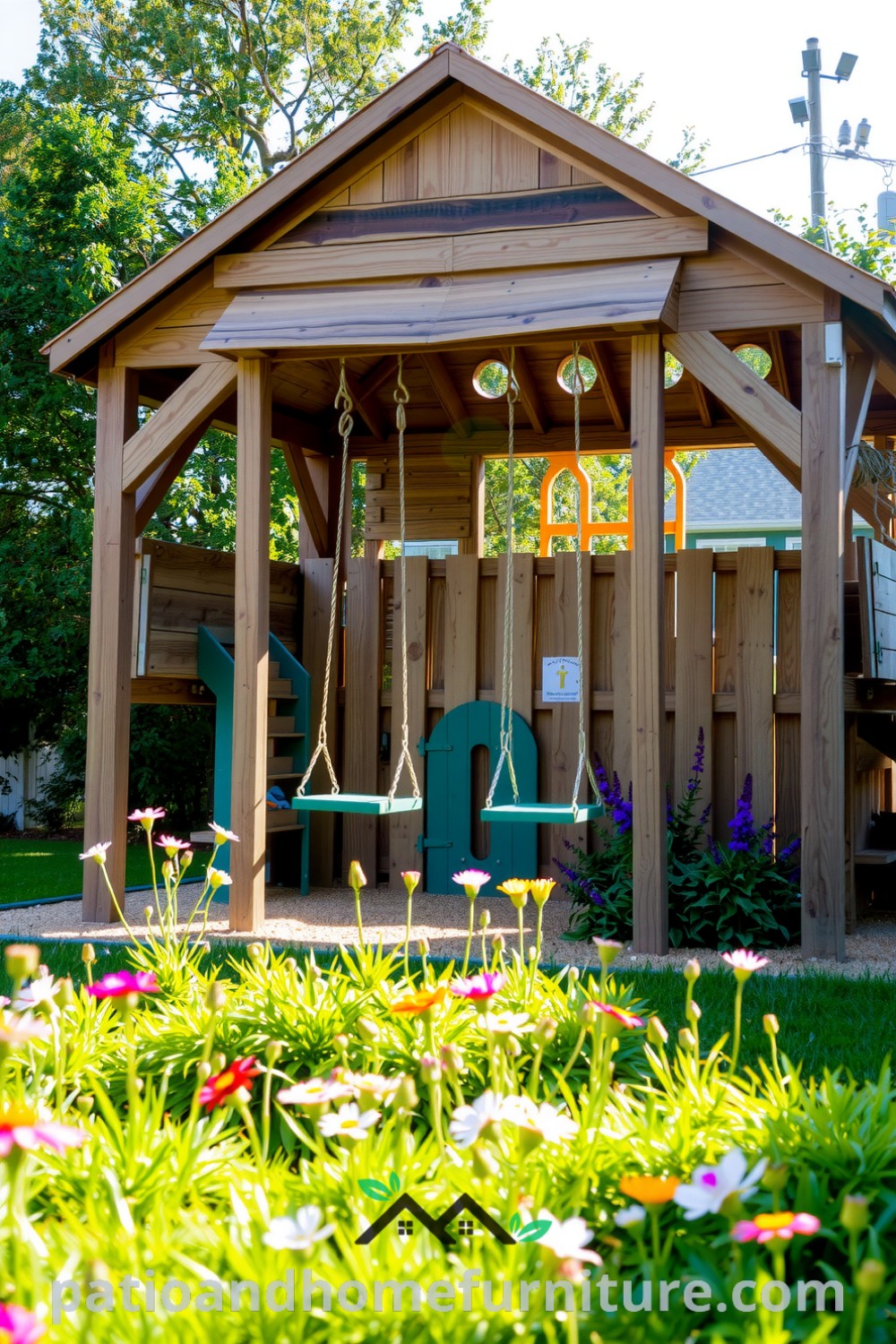 Wooden backyard playground with swing sets in a sun-drenched garden surrounded by wildflowers, creating a cozy and inviting atmosphere for outdoor play, perfect for family enjoyment. For more cozy ideas, visit fireplacesandwoodstoves.com.