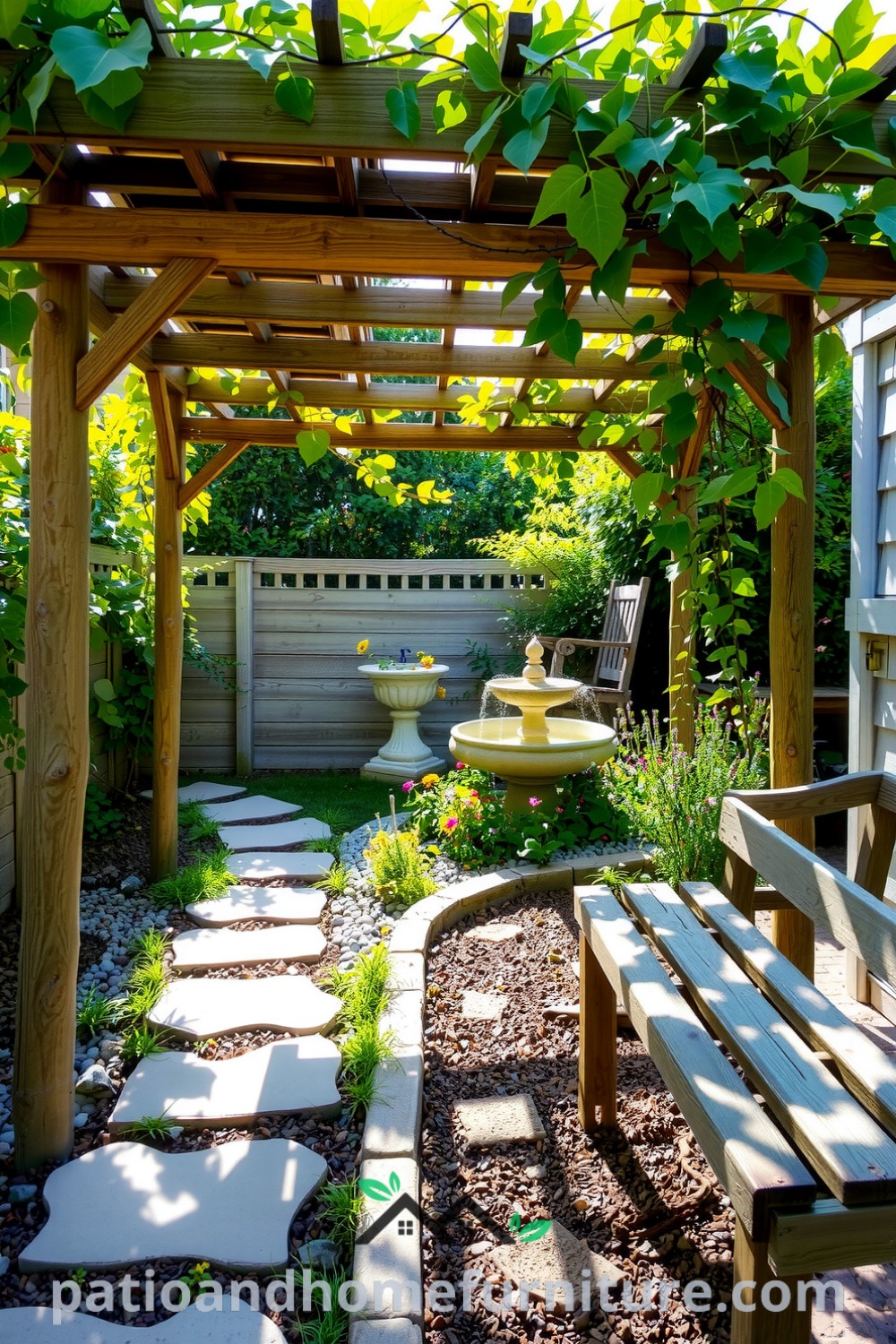 Quaint backyard with a wooden trellis, bubbling fountain, and wildflowers, showcasing cozy decor ideas for your home, perfect for creating an inviting outdoor space, inspired by nature