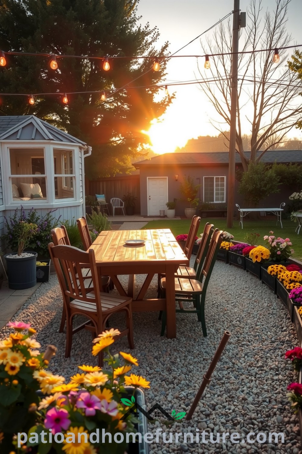 Backyard with rustic wooden picnic table surrounded by mismatched chairs, vibrant flower beds, and buzzing honeybees, illuminated by warm fairy lights at twilight, showcasing cozy ideas for home gatherings at fireplacesandwoodstoves.com.