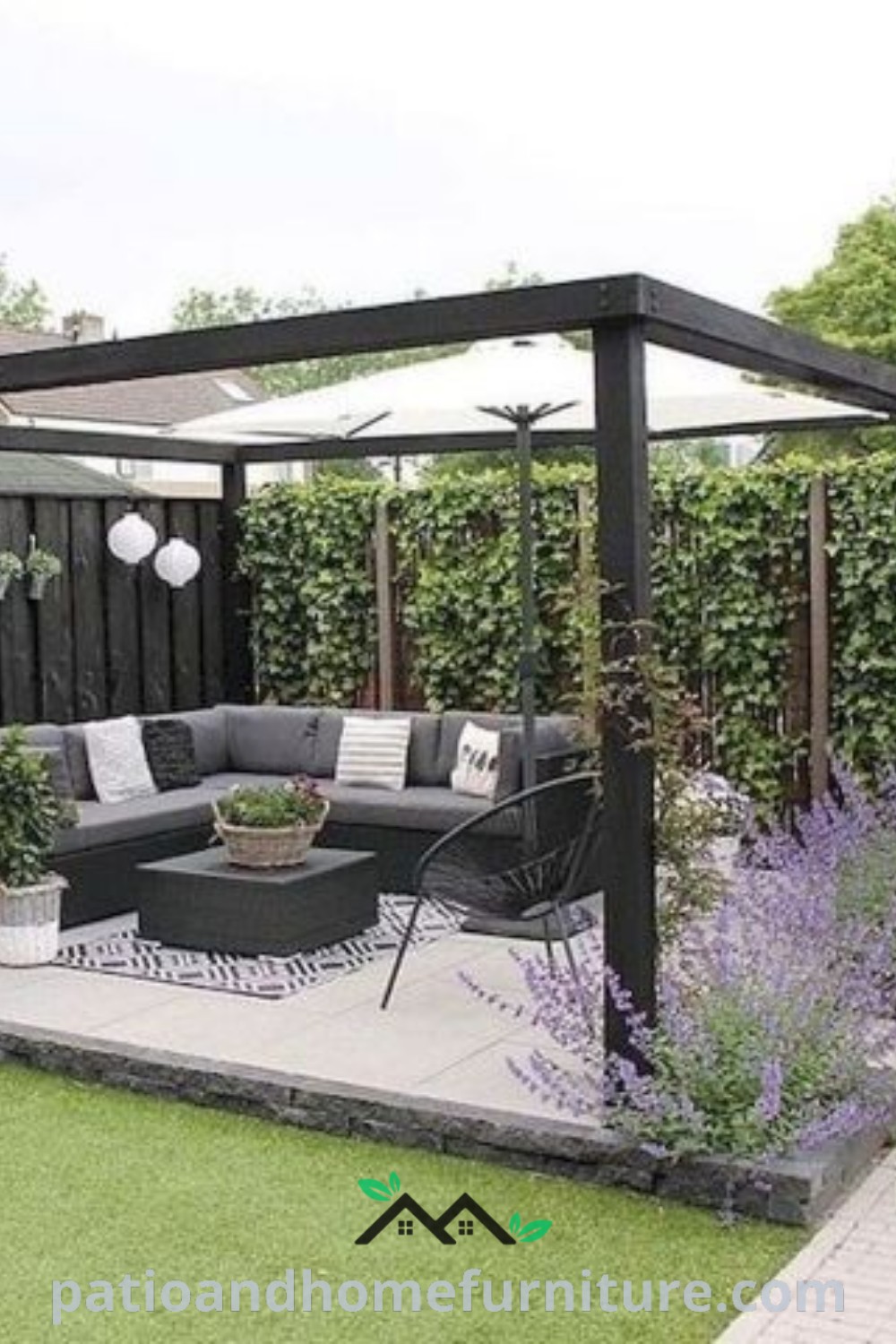 Cozy outdoor living area featuring a modern pergola, comfortable furniture, and potted plants, creating an inviting space for relaxation and gatherings, perfect for inspiring decor ideas for your home on wellnesswink.com.