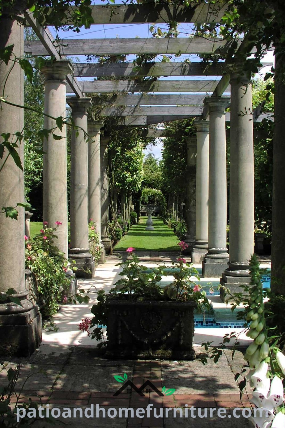 A beautiful outdoor garden with a pool area surrounded by colorful plants and flowers, featuring a cozy vine-covered pergola, offering inspiring decor ideas for your home at wellnesswink.com.