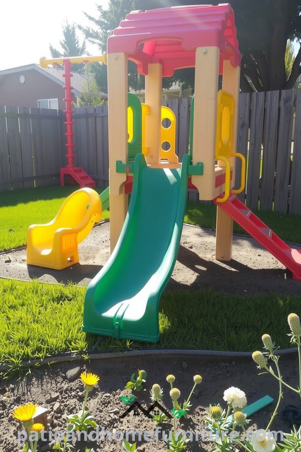 Colorful modular plastic playground in a sun-drenched backyard, surrounded by wildflowers and soft earth, evoking childhood joy and inviting play, showcasing unique ideas for a cozy home on fireplacesandwoodstoves.com.