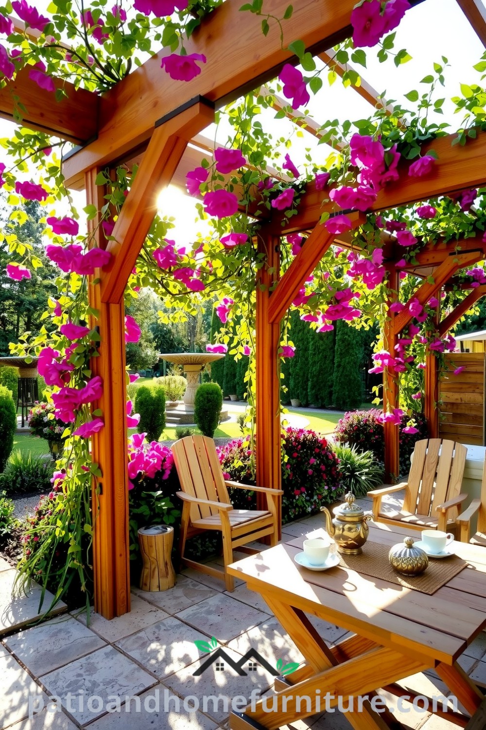Floral wooden pergola entwined with vibrant vines and flowers, casting shadows on a rustic stone patio with a wooden table, offering cozy ideas for outdoor relaxation inspired by nature