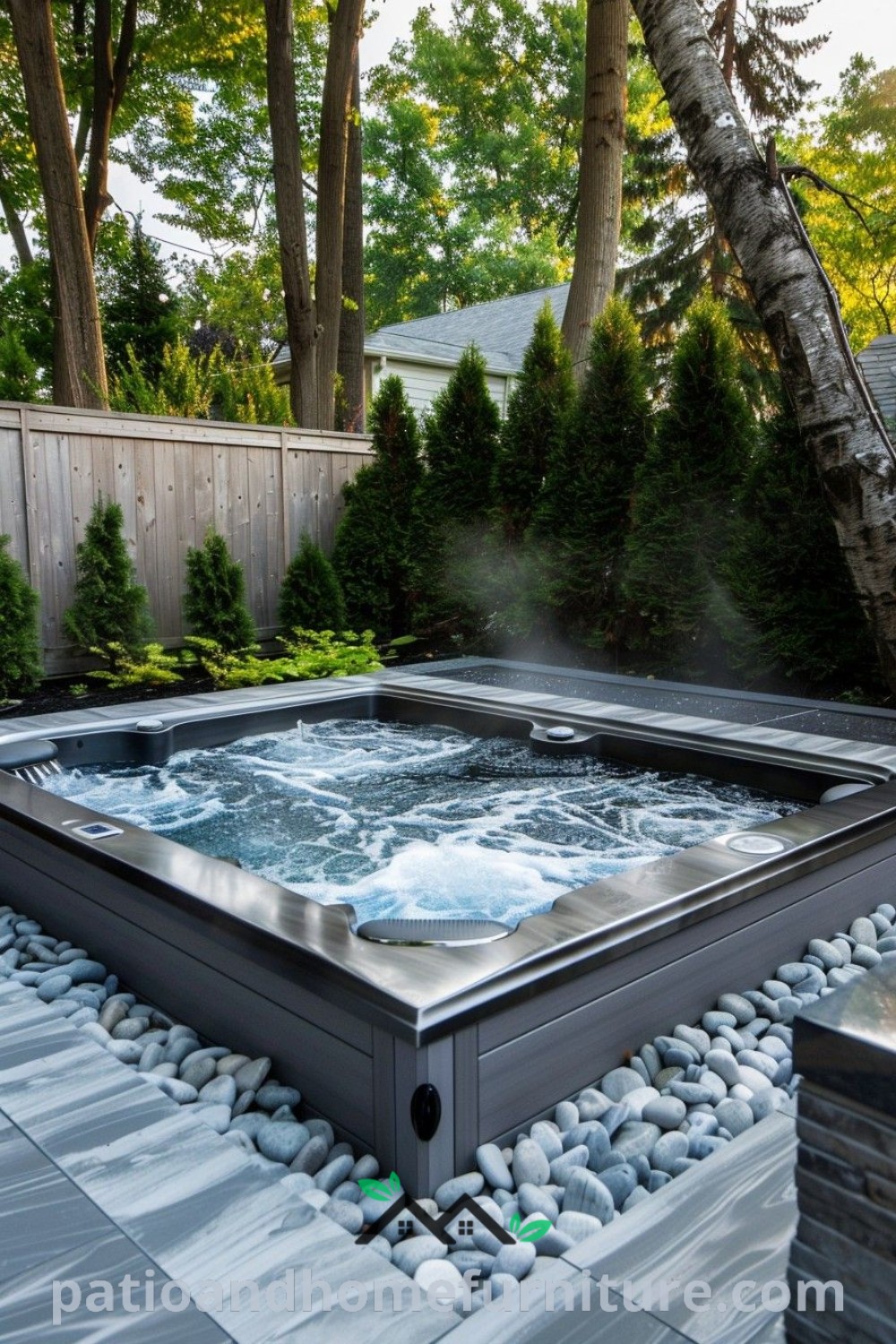 Large sunken hot tub surrounded by natural rocks and trees, offering a serene outdoor space for relaxation and inspiration, with cozy design ideas for your home at wellnesswink.com.