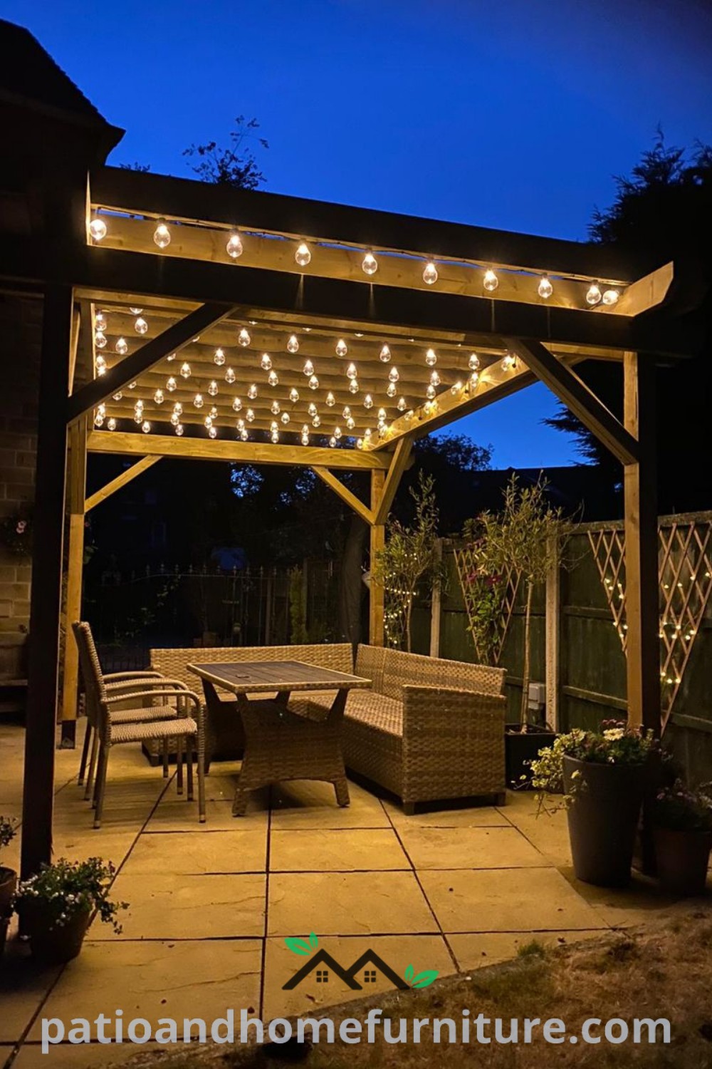 Outdoor patio with cozy hanging lights, showcasing bistro and Edison bulbs strung above a serene seating area, creating an inviting ambiance perfect for evenings. Find more cozy ideas and design inspirations at wellnesswink.com.
