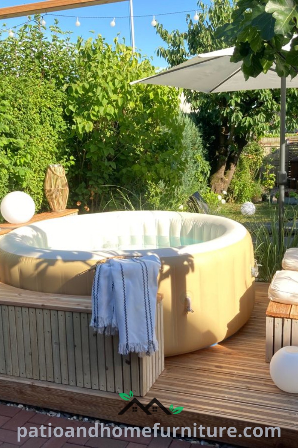 Large hot tub on a wooden deck surrounded by inviting seating and greenery, creating a cozy outdoor retreat ideal for relaxation and social gatherings, showcased on wellnesswink.com.