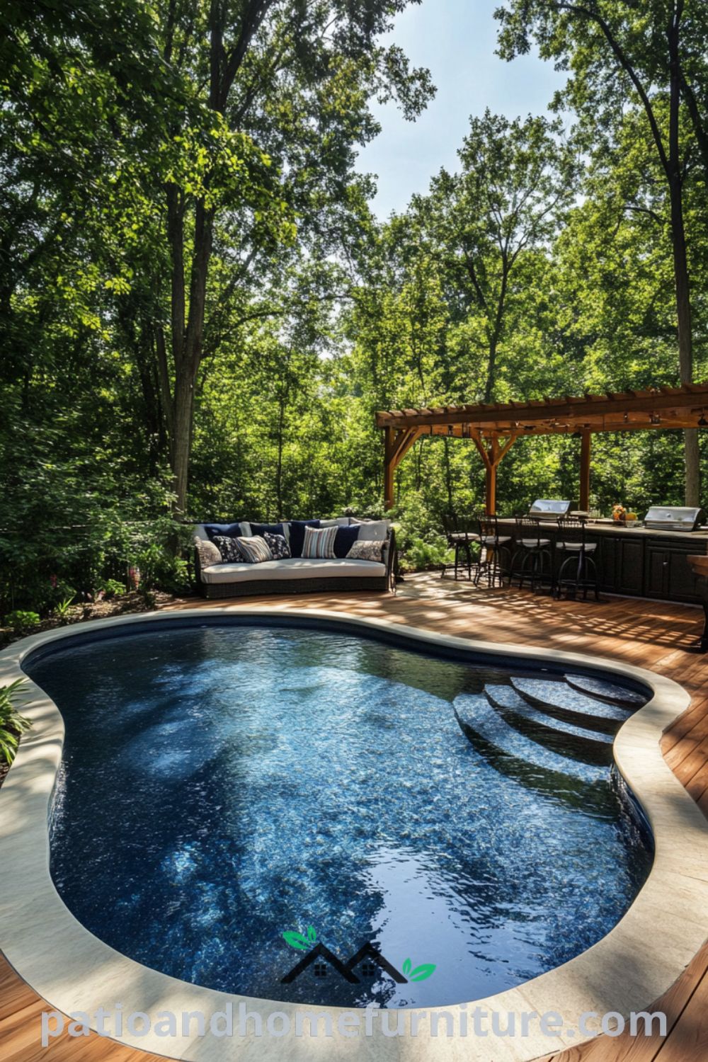 Elegant above ground pool oasis with wooden deck and bar from patioandhomefurniture.com, featuring a cozy seating area, backyard ideas above ground, and an inviting outdoor retreat complete with lush greenery.