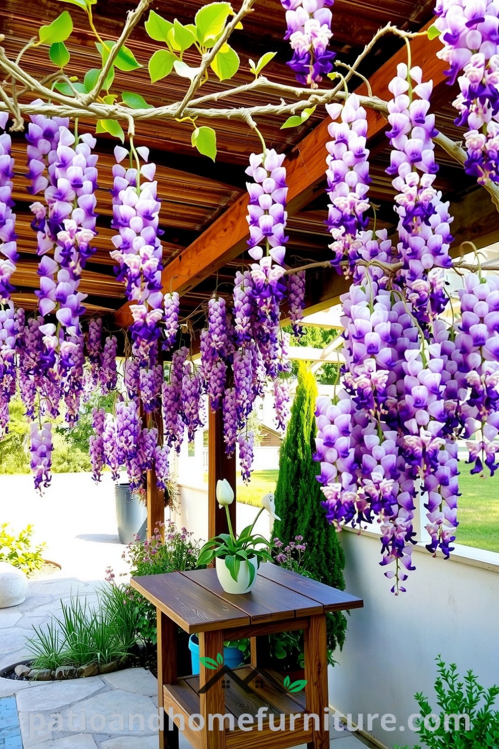 Wisteria draping over a rustic wooden pergola on a sun-kissed stone patio, creating a serene outdoor retreat with a weathered wooden table, perfect for morning coffee amidst lush greenery, showcasing unique decor ideas at fireplacesandwoodstoves.com.