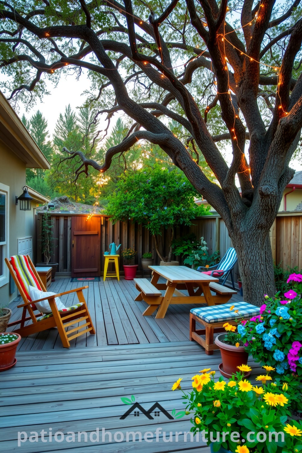 Sun-drenched backyard featuring a rustic wooden deck, mismatched lounge chairs, a weathered picnic table under an oak tree with fairy lights, and an array of potted herbs and vibrant flowers, offering cozy ideas and decor inspirations for outdoor living, as seen on fireplacesandwoodstoves.com.