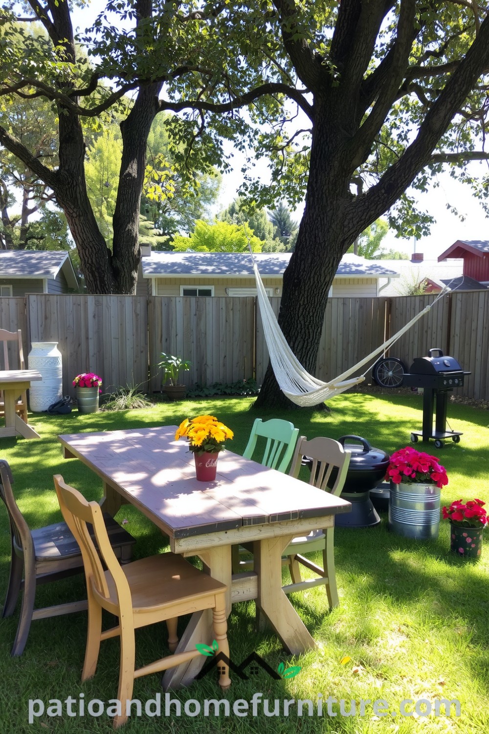 Backyard picnic scene with a rustic wooden table, mismatched chairs, vibrant flowers in tin cans, and a hammock hanging between trees, showcasing cozy ideas for outdoor gatherings and decor inspirations at fireplacesandwoodstoves.com.