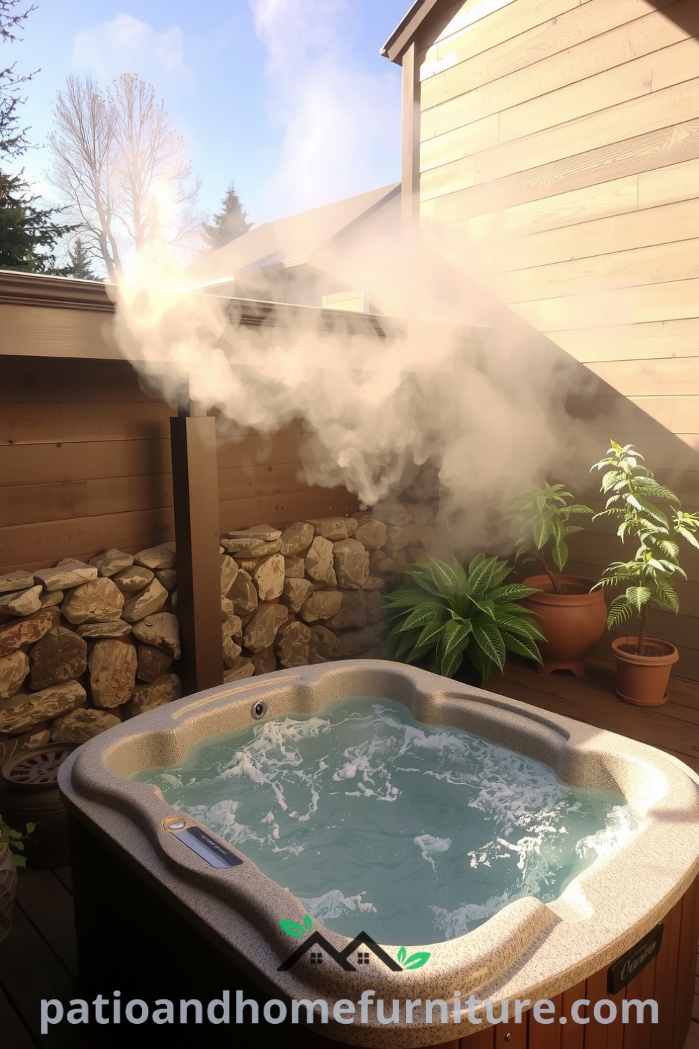Cozy hot tub retreat on a sun-drenched patio, surrounded by weathered stones and potted plants, creating a serene atmosphere for relaxation, with steam rising from the water, featured on fireplacesandwoodstoves.com.