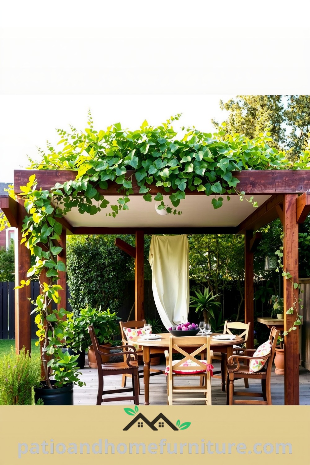 Retractable canopy pergola in a backyard with a weathered wooden frame, lush vines, and soft fabric drapes, featuring a rustic table and mismatched chairs, creating a cozy outdoor retreat. Discover more cozy ideas at fireplacesandwoodstoves.com.