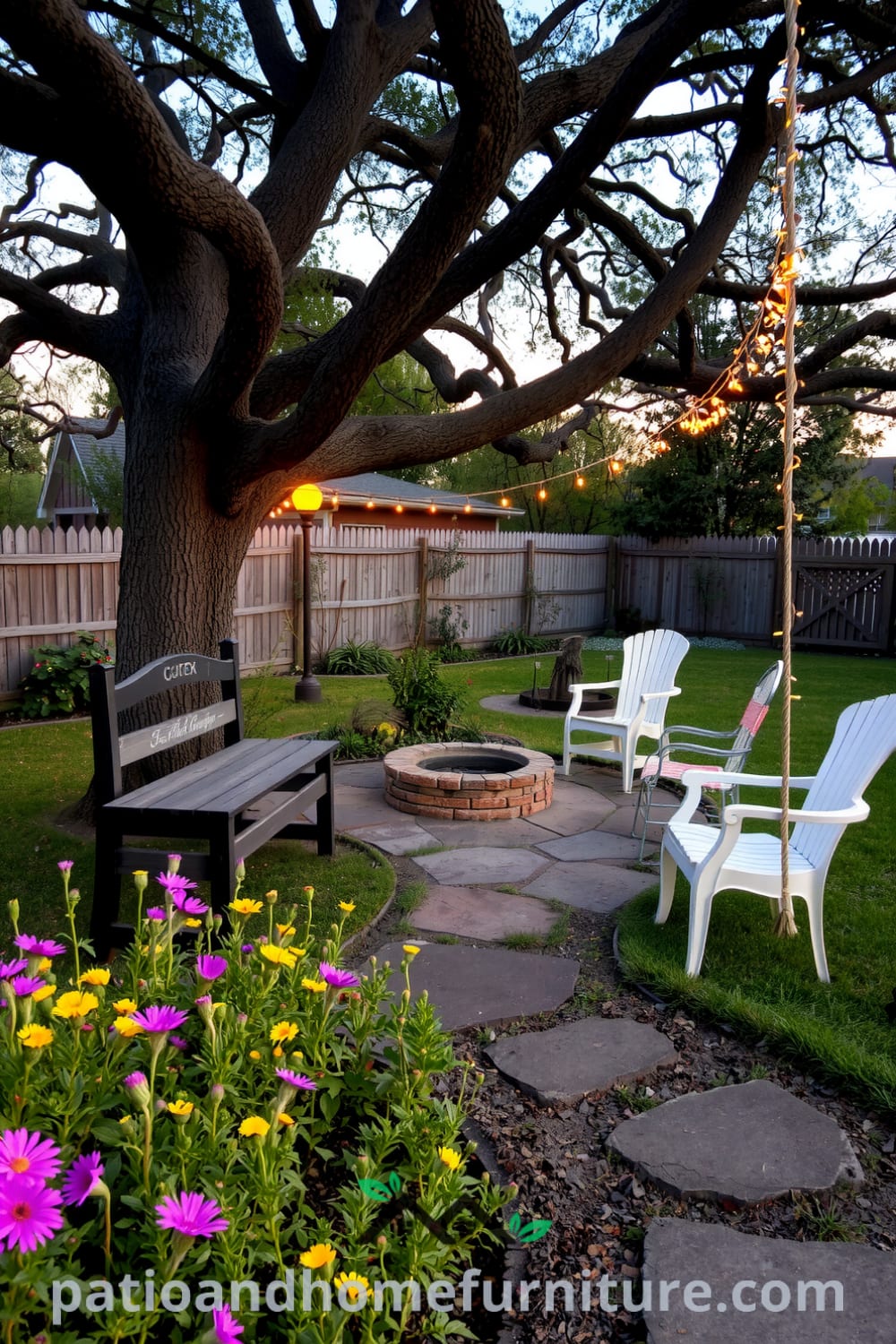 Backyard scene featuring a rustic wooden bench among blooming wildflowers, a winding stone path, and a cozy fire pit with mismatched chairs, illuminated by twinkling string lights, showcasing cozy ideas for your home from fireplacesandwoodstoves.com.