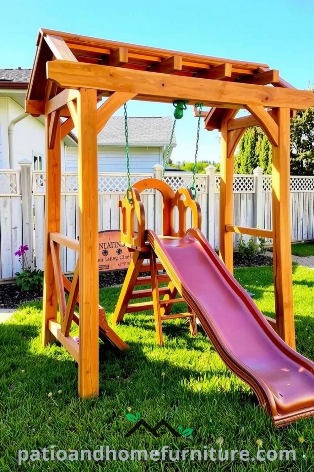Wooden backyard playground with weathered beams, swings, and a smooth slide set in a grassy yard filled with dandelions, showcasing cozy ideas for outdoor play spaces at fireplacesandwoodstoves.com.