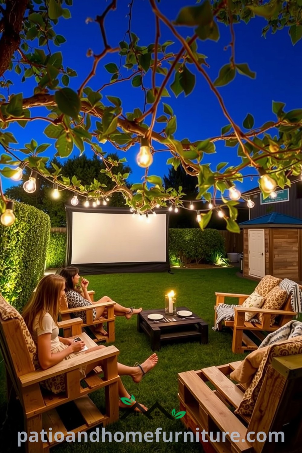 Backyard cinema setup under the stars with a large screen framed by fairy lights, rustic wooden pallets as seating, colorful cushions and blankets, creating a cozy atmosphere for friends and family to enjoy, featuring ideas for your home from fireplacesandwoodstoves.com.