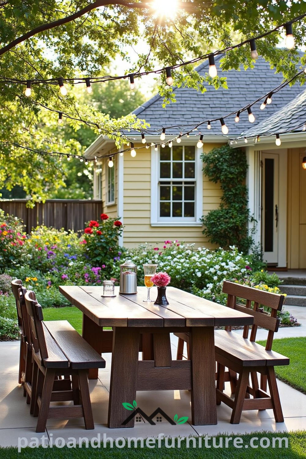 Cozy outdoor picnic setup with a weathered wooden table and mismatched chairs surrounded by vibrant flower-filled gardens and rustic string lights, ideal for inviting gatherings at home, offering unique decor ideas and inspirations for a cozy atmosphere from fireplacesandwoodstoves.com.