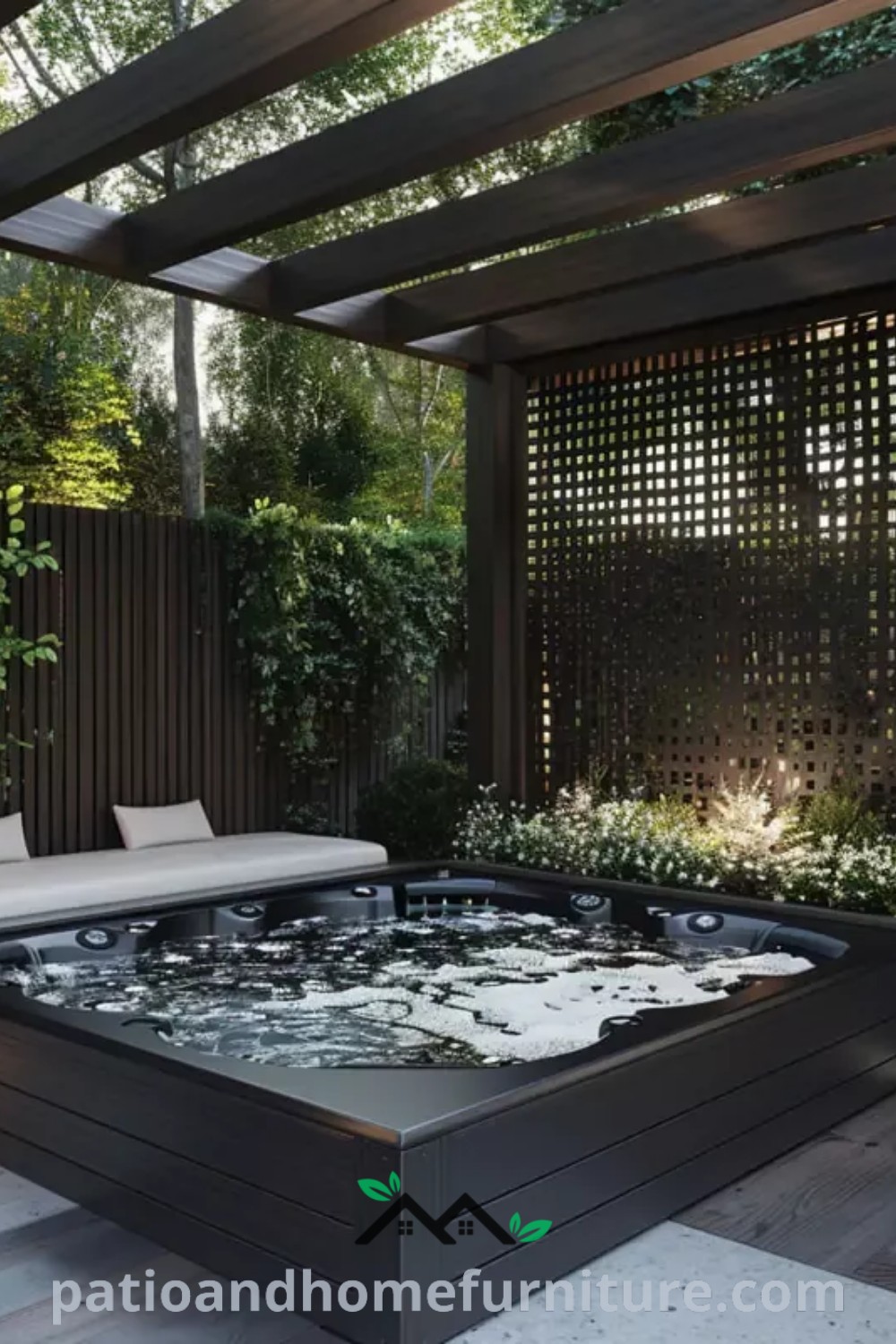 Cozy outdoor hot tub on a wooden deck surrounded by plants and benches, designed for relaxation and tranquility, showcasing inspiring decor ideas for your home at wellnesswink.com.