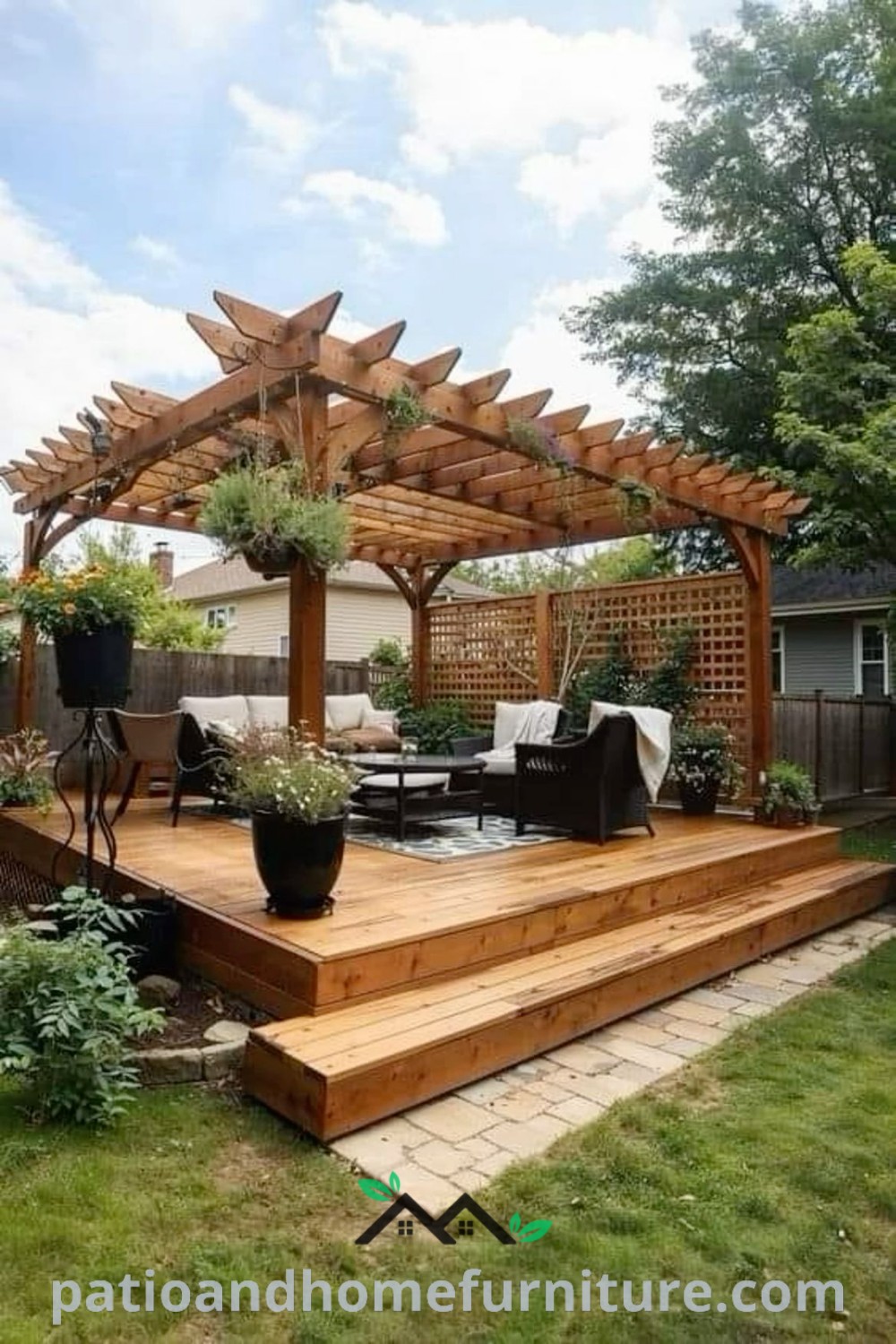 A cozy wooden deck surrounded by potted plants and a stylish pergola in the background, showcasing budget-friendly garden decor ideas that inspire an inviting and serene outdoor space, as featured on wellnesswink.com.