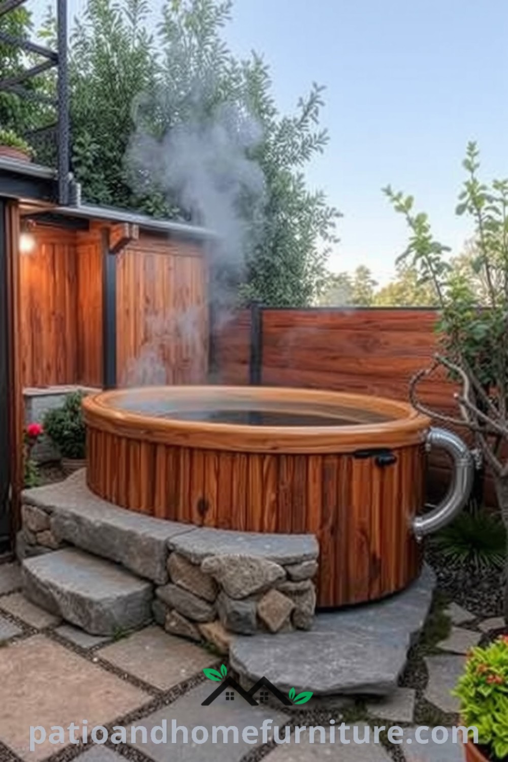 Traditional wooden hot tub on a rustic stone patio surrounded by lush greenery, with steam rising in the air, creating a serene and inviting retreat for relaxation at home, featuring cozy ideas and design inspirations from fireplacesandwoodstoves.com.