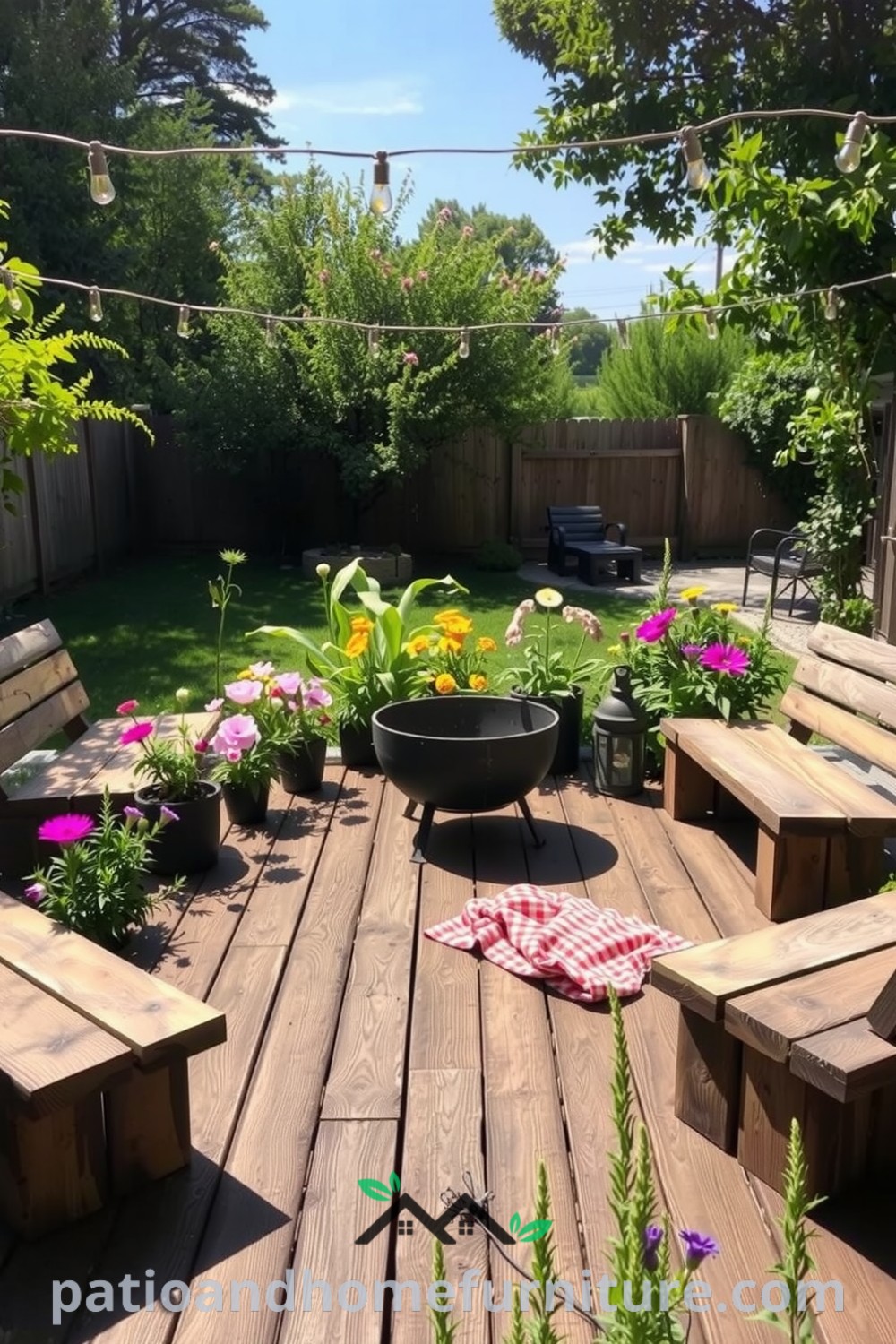 Sun-drenched backyard with a weathered wooden deck, vibrant wildflowers, a metal fire pit, and rustic reclaimed wood seating, enhanced by string lights for a cozy ambiance, perfect for gatherings; ideas for your home, visit fireplacesandwoodstoves.com.