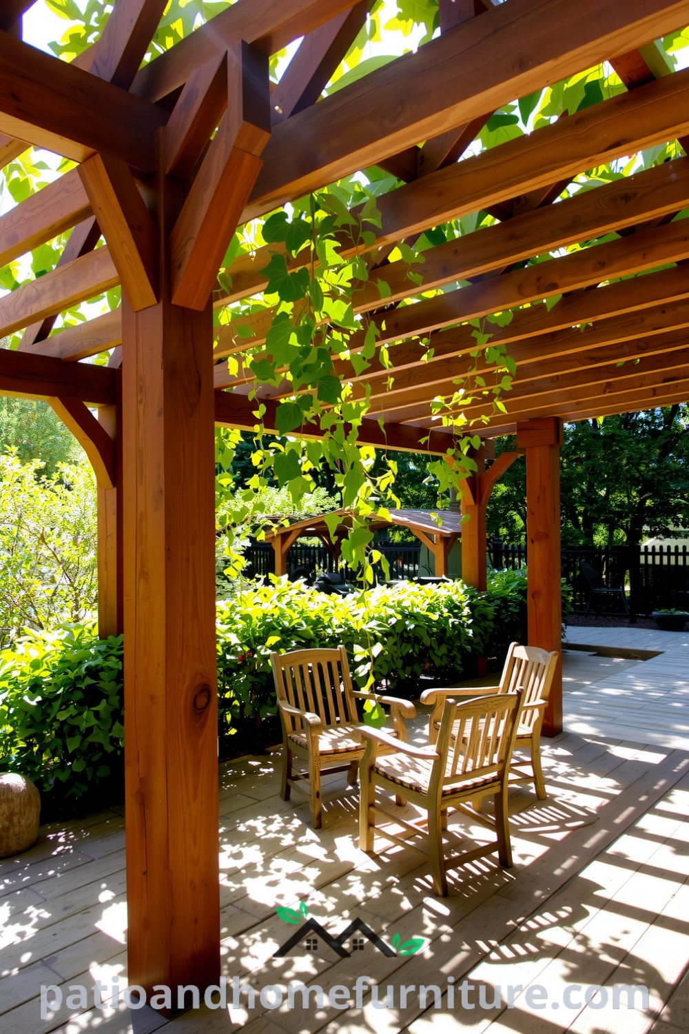 Wooden pergola adorned with climbing vines in a sunlit backyard, showcasing cozy decor ideas with mismatched chairs on a stone patio, creating an inviting and tranquil retreat, perfect for relaxation and inspiration for your home at fireplacesandwoodstoves.com.
