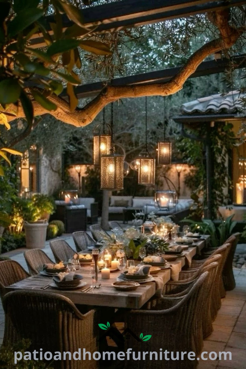 Outdoor dining area with candlelit tables surrounded by greenery, highlighting cozy ideas for a charming backyard dinner setup, featuring string lights and rustic decor inspirations. Visit wellnesswink.com for more unique ideas.