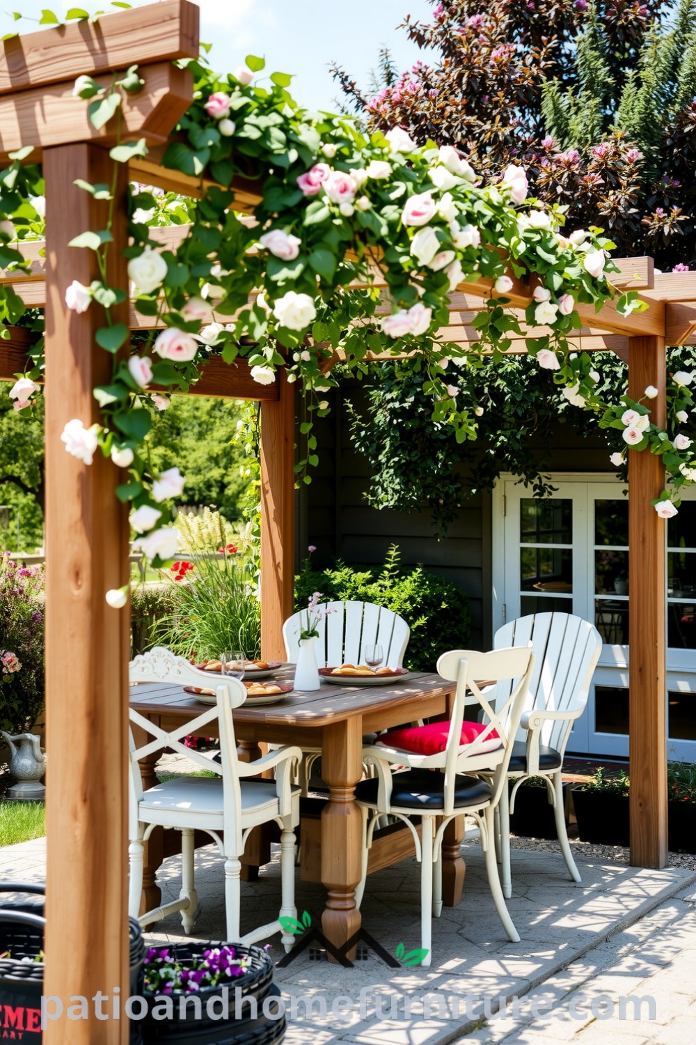Wooden pergola entwined with roses and jasmine in a sunlit garden, featuring a rustic table and mismatched chairs, creating an inviting space for relaxation and gatherings, showcasing cozy ideas and decor inspirations for your home at fireplacesandwoodstoves.com.