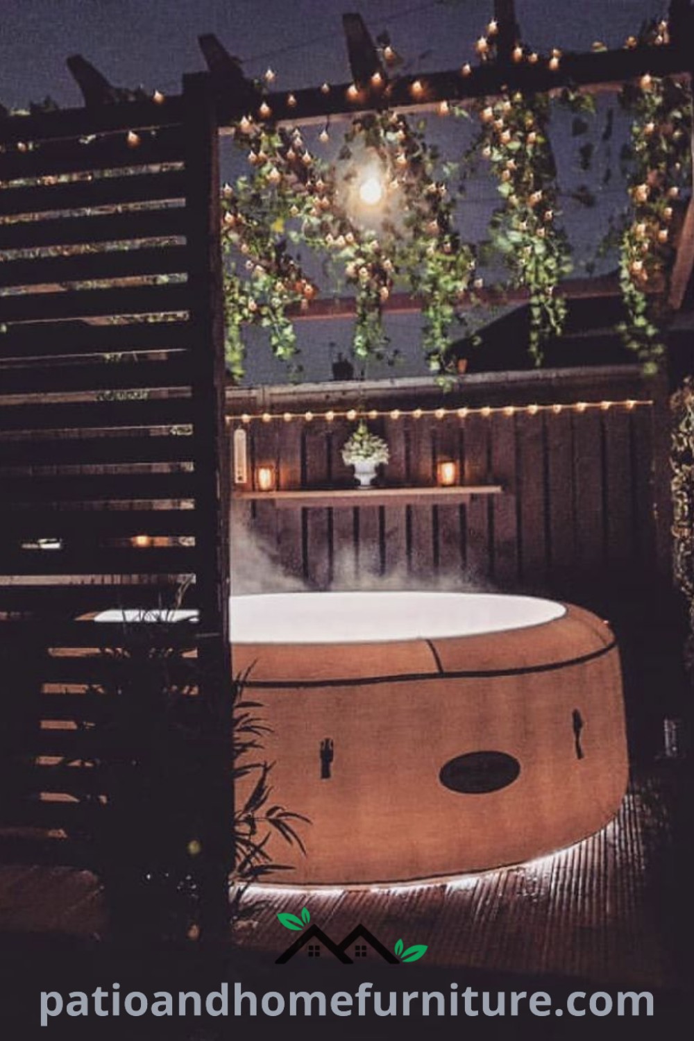 Outdoor hot tub surrounded by string lights, creating a cozy ambiance with inspiring decor ideas for your home, featured on wellnesswink.com.