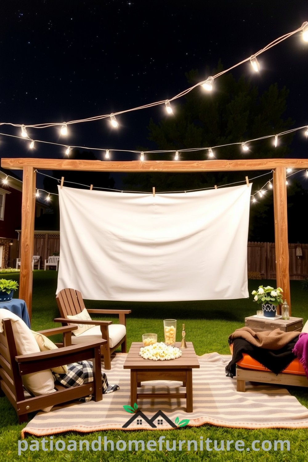 Cozy backyard cinema scene featuring a large white screen, mismatched outdoor chairs with plush blankets, and a reclaimed wood table with popcorn and drinks under twinkling string lights, creating an inviting atmosphere for film lovers, shared on fireplacesandwoodstoves.com.