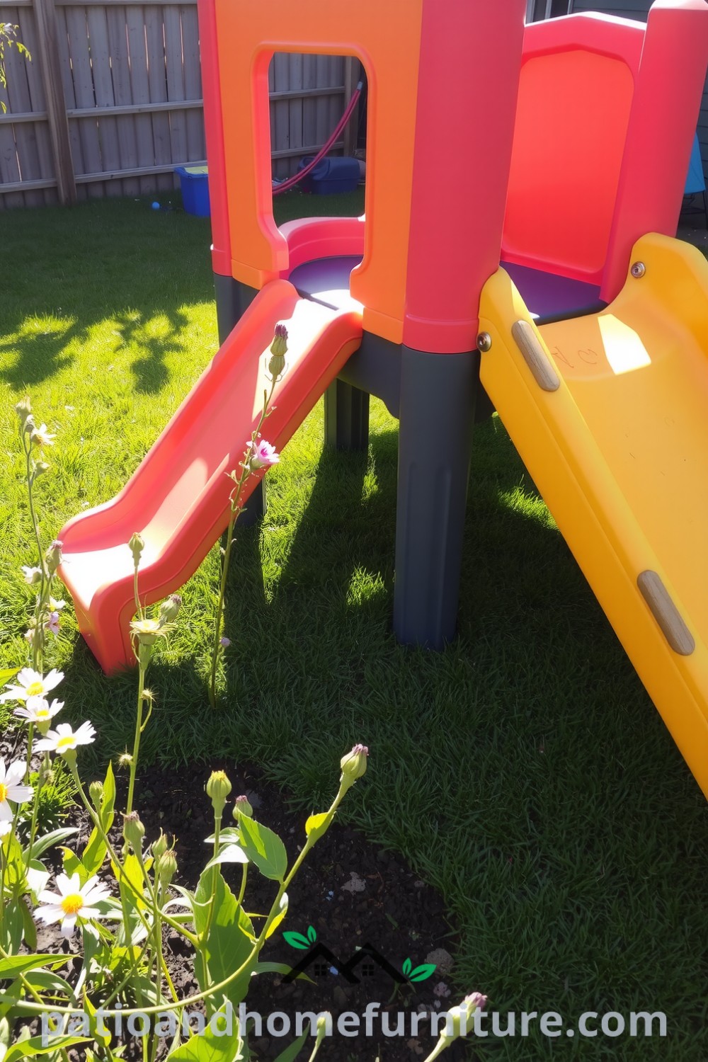 Colorful modular plastic playground in a sunlit backyard surrounded by lush grass and wildflowers, evoking cozy ideas for outdoor play and family fun, featured on fireplacesandwoodstoves.com.