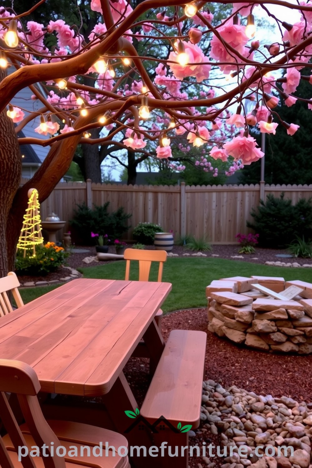 Cozy backyard with a rustic picnic table, mismatched chairs, twinkling fairy lights, and a stone fire pit surrounded by pebbles, creating a charming retreat for family gatherings, ideal for cozy home inspirations and decor ideas. Visit fireplacesandwoodstoves.com for more unique designs.