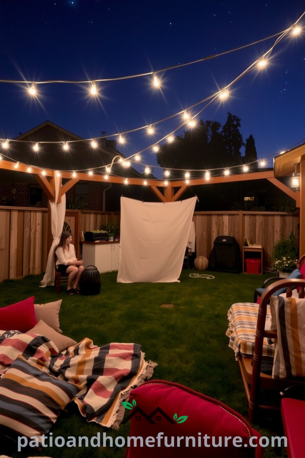 Backyard cinema featuring cozy string lights, mismatched blankets, popcorn aroma, and an inviting atmosphere for movie-goers, showcasing unique ideas for a cozy home setting at fireplacesandwoodstoves.com.