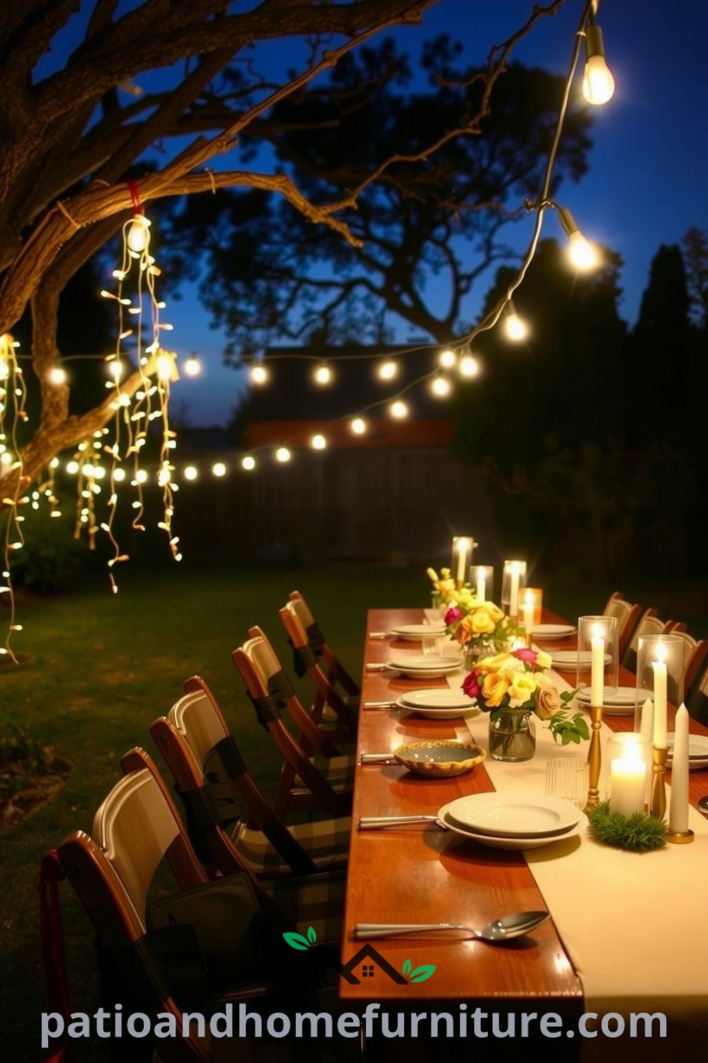Backyard dinner setup at twilight featuring a rustic wooden table with mismatched dishes, fresh blooms, fairy lights, and candles, creating a cozy atmosphere for gathering with family and friends, ideal for inspired home decor ideas. Visit fireplacesandwoodstoves.com for more unique ideas.