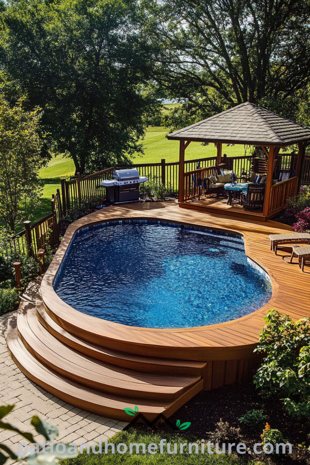 Elegant above ground pool oasis from patioandhomefurniture.com featuring a wooden deck, lush greenery, and a charming gazebo for outdoor gatherings, perfect for affordable pool ideas backyard and beautiful above ground pool designs.