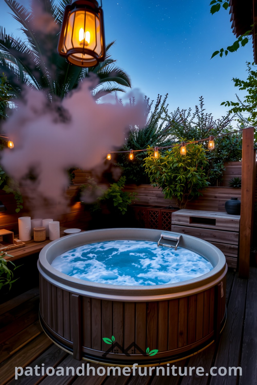 Hot tub nestled in a secluded nook, surrounded by weathered wooden decking and lush greenery, with steam rising from the water and lanterns providing a warm glow, creating a cozy outdoor retreat for relaxation, featuring ideas for your home from fireplacesandwoodstoves.com.