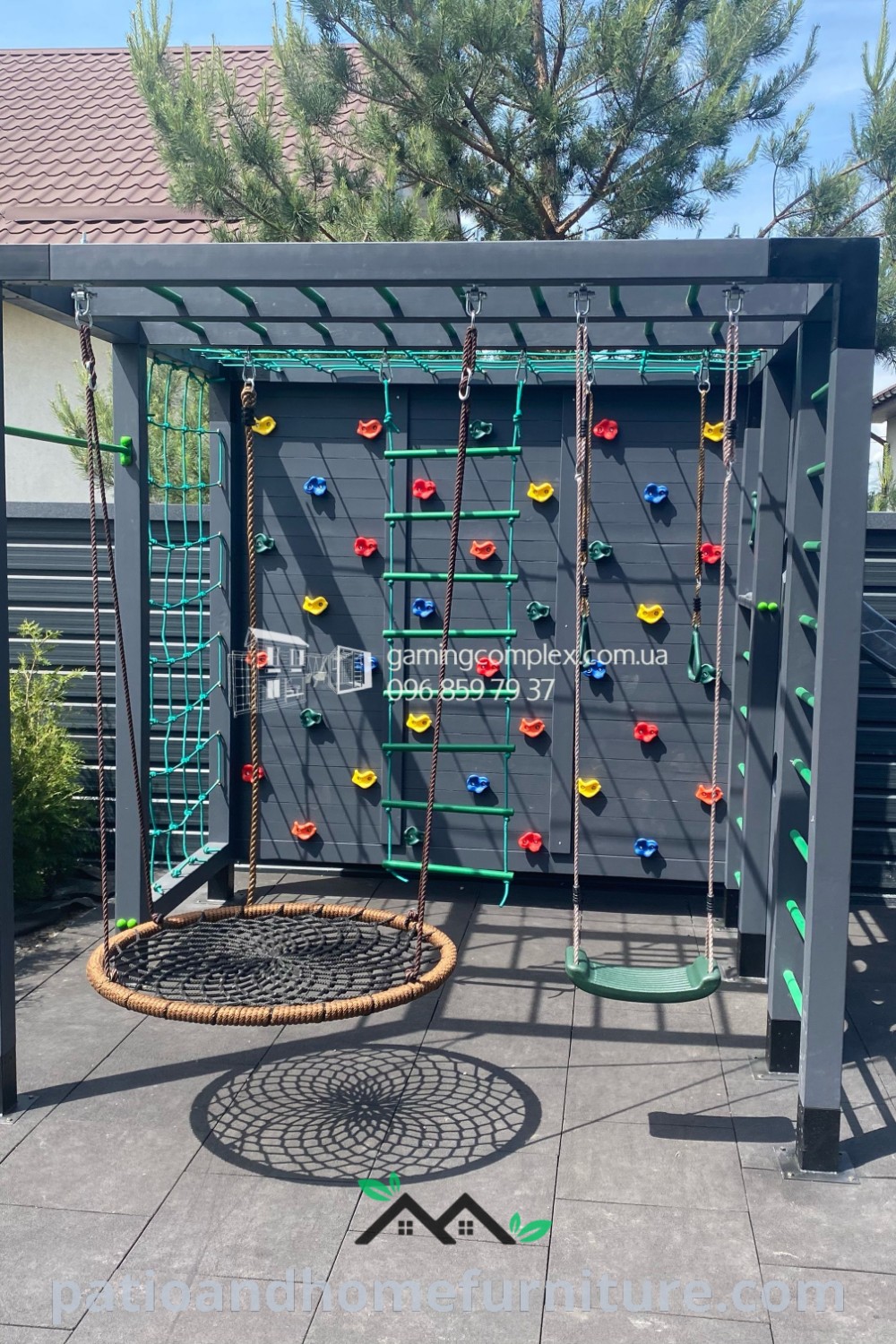 Outdoor play area featuring climbing bars and swings, designed for kids