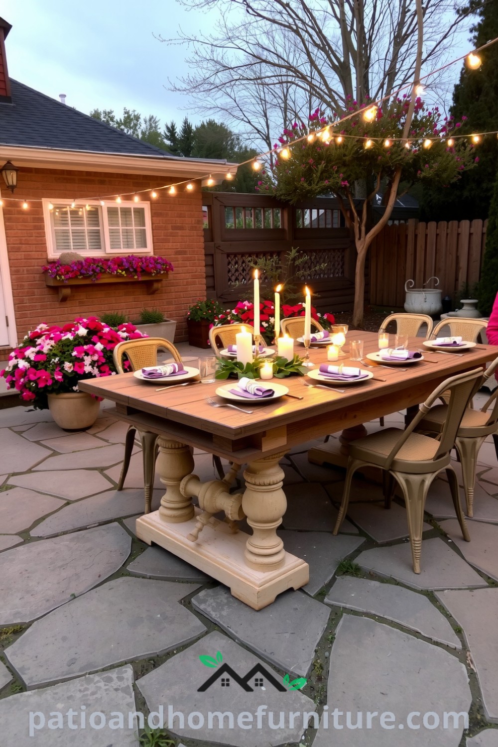 Outdoor dining area elegantly set with rustic wooden table, mismatched plates, flickering candles, and blooming flowers on weathered stone patio, creating a cozy atmosphere for special occasions. Visit fireplacesandwoodstoves.com for cozy ideas and inspiring design inspirations for your home.
